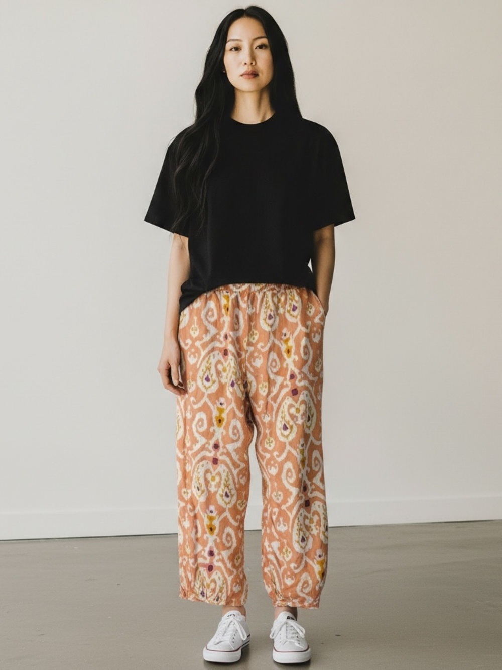 Christian Siriano Ikat Print Linen Rayon Crop Pants Coral Purple Size M #2089